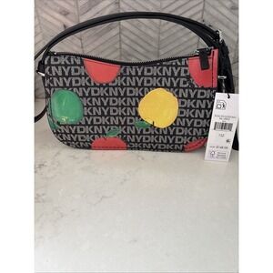 DKNY Small Crescent Shoulder Bag Black White Logo Fruit Print Zip CrossbodyStrap